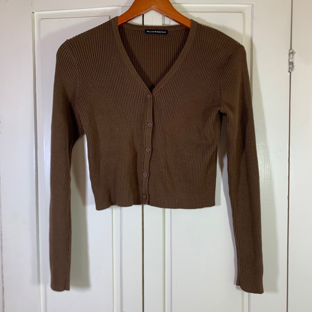 Brandy Melville Brown Shannon Ribbed V-Neck Button Cropped Cardigan Sweater‎